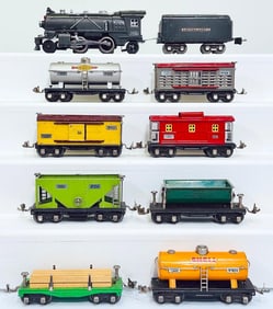 Lionel Prewar O Gauge 249E Gunmetal Locomotive & 265W Gunmetal Tender/Eight Assorted Freight Cars