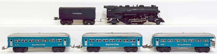 Lionel Prewar O Gauge 1664 Black Locomotive and 1689W Black Tender / 1630-1630-1631 Passenger Cars