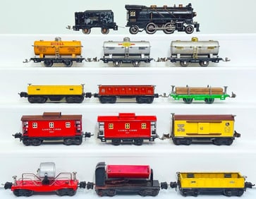 Lionel Prewar O Gauge 261 Black Locomotive and 257T Black Tender/ Twelve (12) Assorted Freight Cars