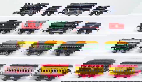 Hafner Prewar O Gauge red and black Locomotive with Tender and Three (3) Passenger Cars