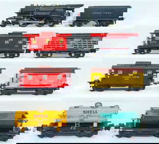 Lionel Prewar O Gauge 259 black Locomotive and 2689W Black Tender with Six (6) Assorted Freight Cars