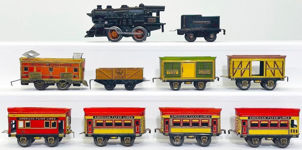 American Flyer Prewar O Gauge 3185 black Locomotive and Tender/Katz Electric Locomotive and Assorted: American Flyer Prewar O Gauge 3185 black Locomotive and Tender/Katz Electric Locomotive and Assorted Freight and Passenger Cars, in C6 overall condition.
