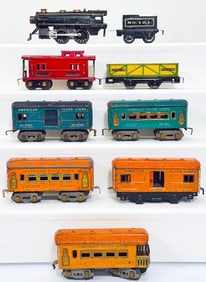 American Flyer Prewar O Gauge 0-4-0 black Locomotive and 121 Tender/Five (5) Assorted Passenger Cars