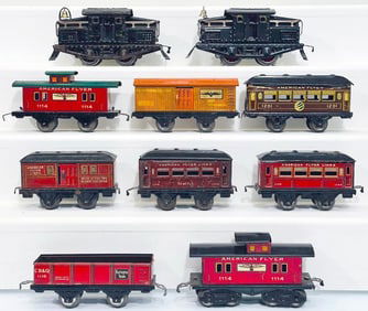 American Flyer Prewar O Gauge 1218 Black Electric Locomotive with Eight (8) Assorted Passenger Cars