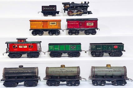 American Flyer Prewar O Gauge Cast Iron Locomotive and Tin Tender/ Eight (8) Assorted Freight Cars