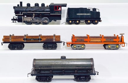 American Flyer Prewar O Gauge 4321 Black Locomotive/Black Tender/gray Tank Car/orange Lumber Car