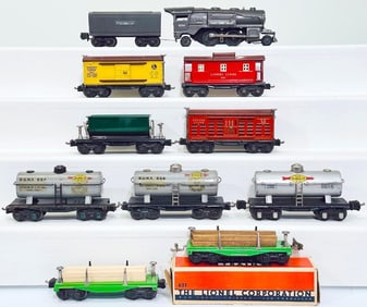 Lionel Prewar O Gauge 258 Gunmetal Locomotive/ 2689TX Gunmetal Tender/Nine (9) Assorted Freight Cars