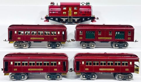 Lionel Prewar Standard Gauge Maroon 380 Electric Locomotive and 310 - 309 - 309 - 312 Passenger Cars