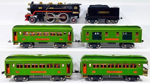 Lionel Prewar Standard Gauge 390E Black Locomotive and Black Tender/309-309-310-312 Passenger Cars