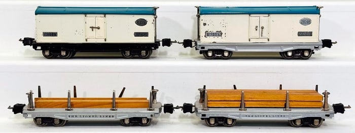 Lionel Prewar O Gauge 811 Flat Car with Load/2811 Flat Car with Load/814R Refrigerator Car/2814R Car