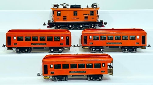 Lionel Prewar O Gauge 256 Lionel Electric and 710 - 710 - 712 Orange Passenger Cars