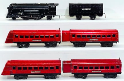 Lionel Prewar O Gauge 1689E black Locomotive and Black Tender with Four (4) Red Streamliner Cars