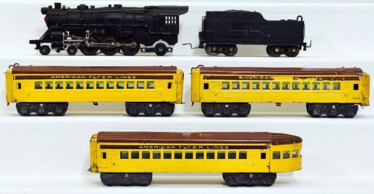 American Flyer Prewar O Gauge 435 black Loco & black Tender/ yellow and brown 6 wheel truck Cars