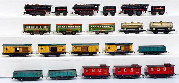 Lionel Prewar O Gauge red and black Locomotive and Tender X3/Assorted Passenger and Freight Cars