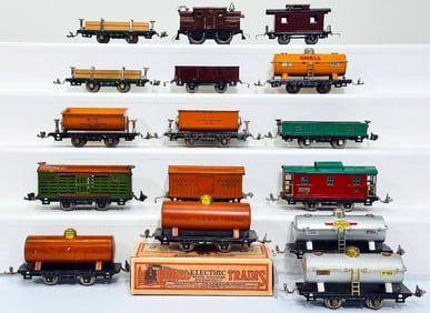 Lionel Prewar O Gauge 150 Maroon Electric Locomotive and Fifteen (15) Assorted Freight Cars