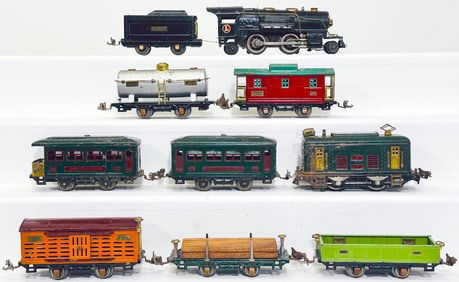 Lionel Prewar O Gauge 259 black Locomotive and Tender and Five (5) Assorted Freight Cars