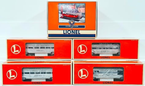 Lionel Modern O Gauge 345 Culvert Unloader/Four Assorted Lionel Lines Aluminum Passenger Cars Boxed