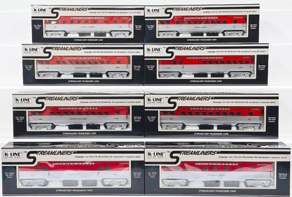K - Line Modern O Gauge Golden State Eight (8) Assorted Passenger Cars