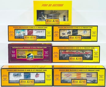 MTH Modern O Gauge Six (6) Assorted Freight Cars and Islay?s Dairy Single - Story Corner Store Boxed