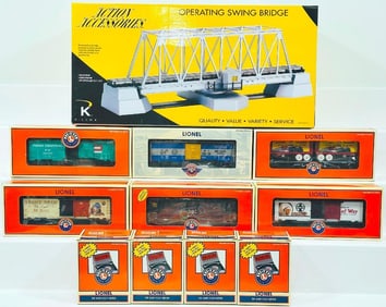 Lionel Modern O Gauge Ten (10) Assorted Freight Cars/ K - Line Modern O Gauge Operating Swing Bridge