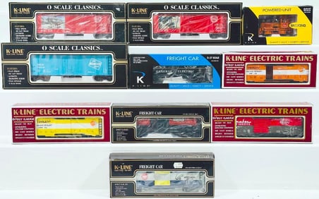 K - Line Modern O Gauge Nine (9) Assorted Freight Cars and Milwaukee Plymouth Switcher Boxed