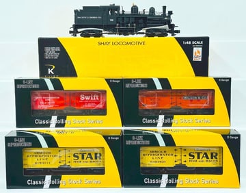 K - Line Modern O Gauge Pacific Lumber Shay Locomotive #28 and Swift Meat Reefer/Armour Meet Reefer