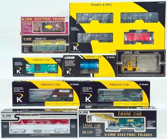 K - Line Modern O Gauge Eight (8) Assorted Freight Cars and Bethlehem Steel Rolling Stocks Boxed