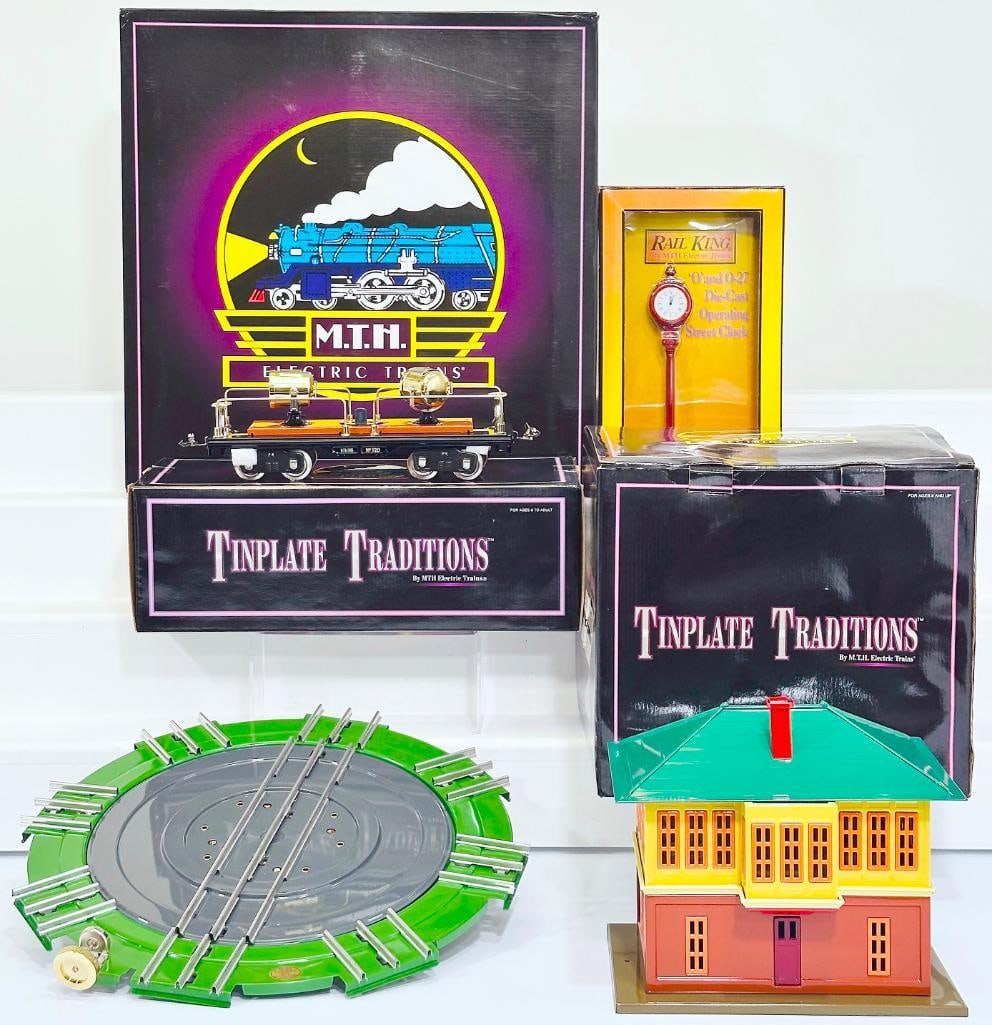 MTH Modern 437 Switch Tower/520 Searchlight Car/No. 200 Turntable/Operating Diecast Street Clock (1 of 14)