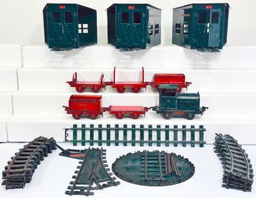Buddy L Prewar Three (3) Stall Engine Houses/Track/Turntable/Small Switcher and Five (5) Cars
