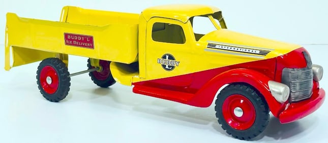 Buddy L Postwar 602 Ice Delivery Truck from 1945 to 1948 yellow and red