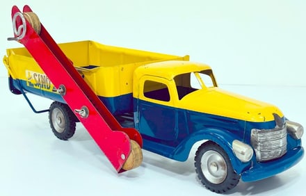 Buddy L Postwar 310 Sand and Dump Truck blue and yellow manufactured 1952