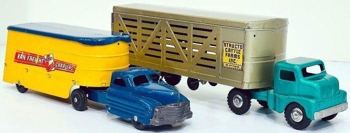 Structo Postwar Cattle Farms Truck and Trailer green and silver and Buddy L Postwar 413 Van Freight