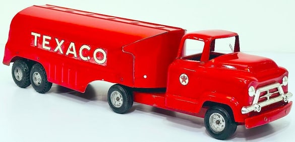 Buddy L Postwar 5603 Texaco Truck and Tank Trailer/Texaco Tanker Coupon red manufactured 1959 to 60