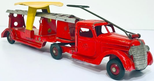 Buddy L Prewar 947 Aerial Ladder Ride  -  On Fire Truck red  manufactured in 1940