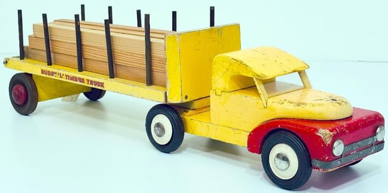 Buddy L Postwar 365 Wood Lumber Truck and Trailer yellow and red manufactured in 1946