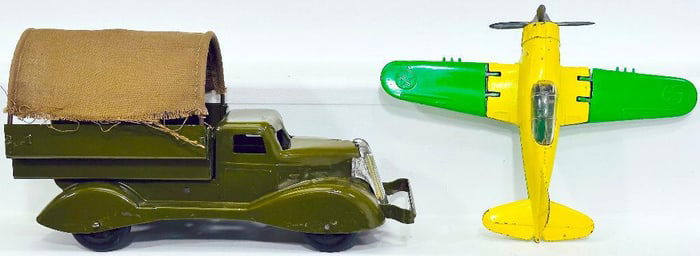Marx Prewar Army Truck with original Canvas and Hubley Postwar Corsair Plane from the 1950s