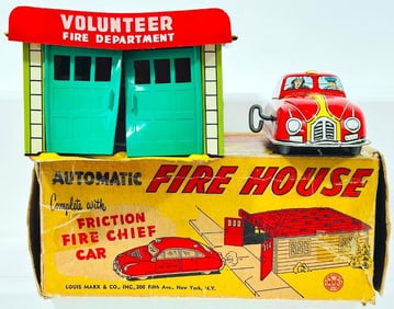 Marx Prewar Automatic Fire House with Friction Fire Chief Car