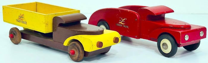 Buddy L Prewar 355 Wood Dump Truck brown and yellow and 473 Wood Fire Truck with bell red