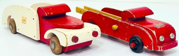 Buddy L Prewar 357 Wood Ice Truck red and white/ Buddy L Prewar 359 Wood Hook and Ladder red Truck