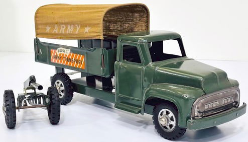 Buddy L Postwar Army Transport Truck with Cannon Trailer