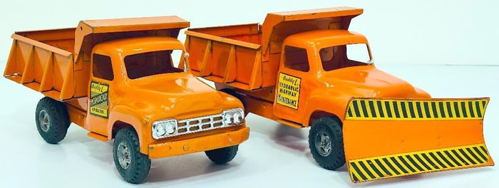 Buddy L Postwar 302 Hydraulic Dump orange and Buddy L Postwar 5552 Hydraulic Highway Dumper/Scraper