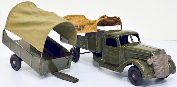 Buddy L Prewar 943 Army Transport & Trailer with original canvas olive color manufactured 1940  -