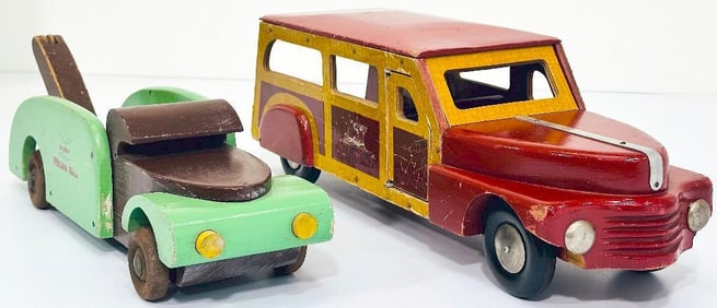 Buddy L Postwar 358 Wood Wrecking Truck black/green/brown and Buddy L Postwar 371 Wood Station Wagon