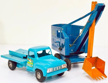 Buddy L Postwar Steam Shovel blue and orange and Buddy L Postwar 5526 Dock Company Boat Hauler aqua