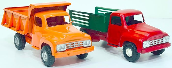 Buddy L Postwar Dump Truck orange and Stake Truck red and yellow