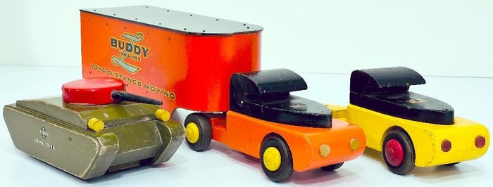 Buddy L Prewar Wood Army Tank/Wood Van Lines Tractor & Trailer orange and black/Wood Tractor yellow