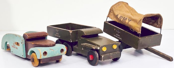 Buddy L Prewar 358 Wood Wrecking Truck blue and brown/Wood Army Dump Truck and Trailer with canvas