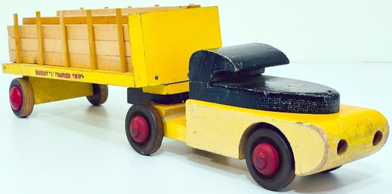 Buddy L Prewar Wood Yellow and Black Tractor and Wood Lumber Trailer with Load
