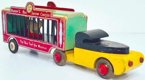 Buddy L Postwar 484 Big Show Circus trailer wood with 3 animals with Buddy L Prewar 365 Tractor Wood
