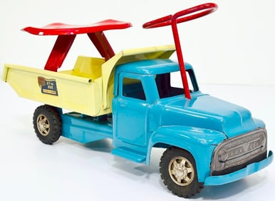 Buddy L Postwar 5832 Sit  -  N  -  Ride Stone and Gravel Truck with red seat blue and cream color